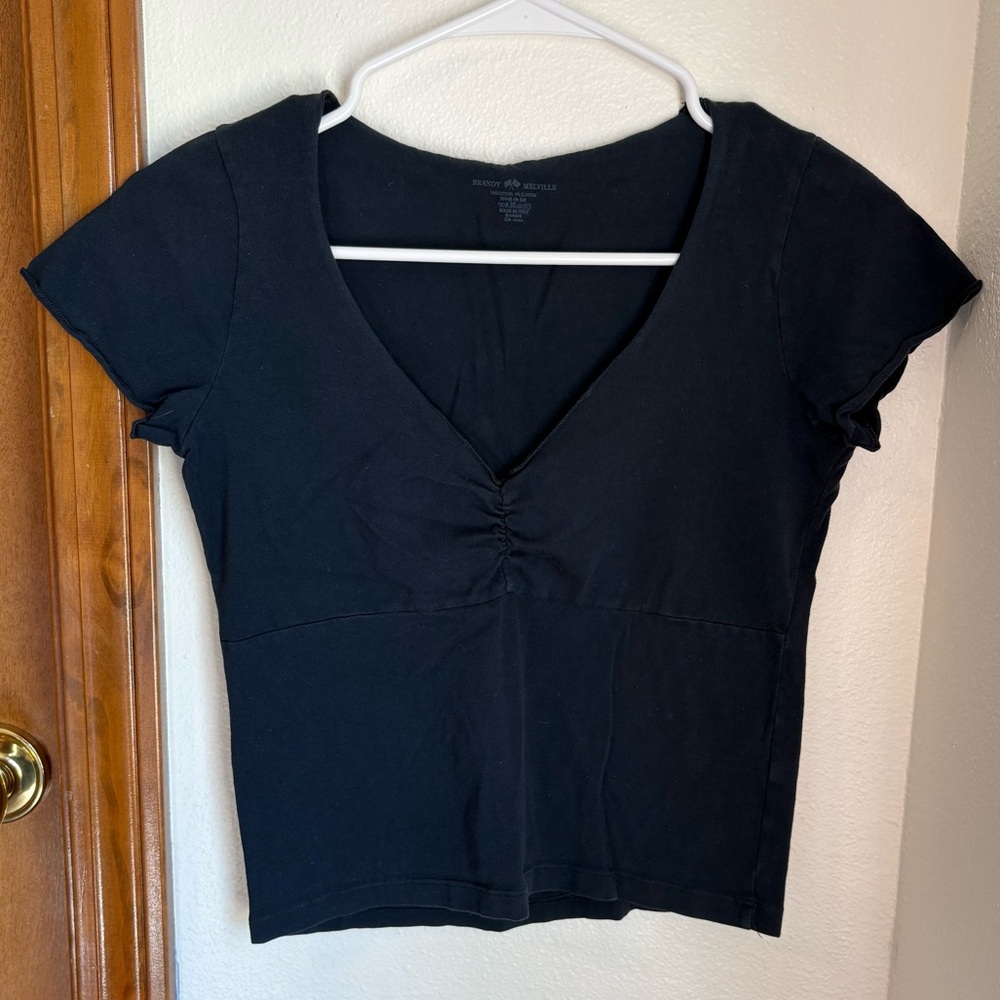 Brandy Melville Navy V Neck Cinched T Shirt